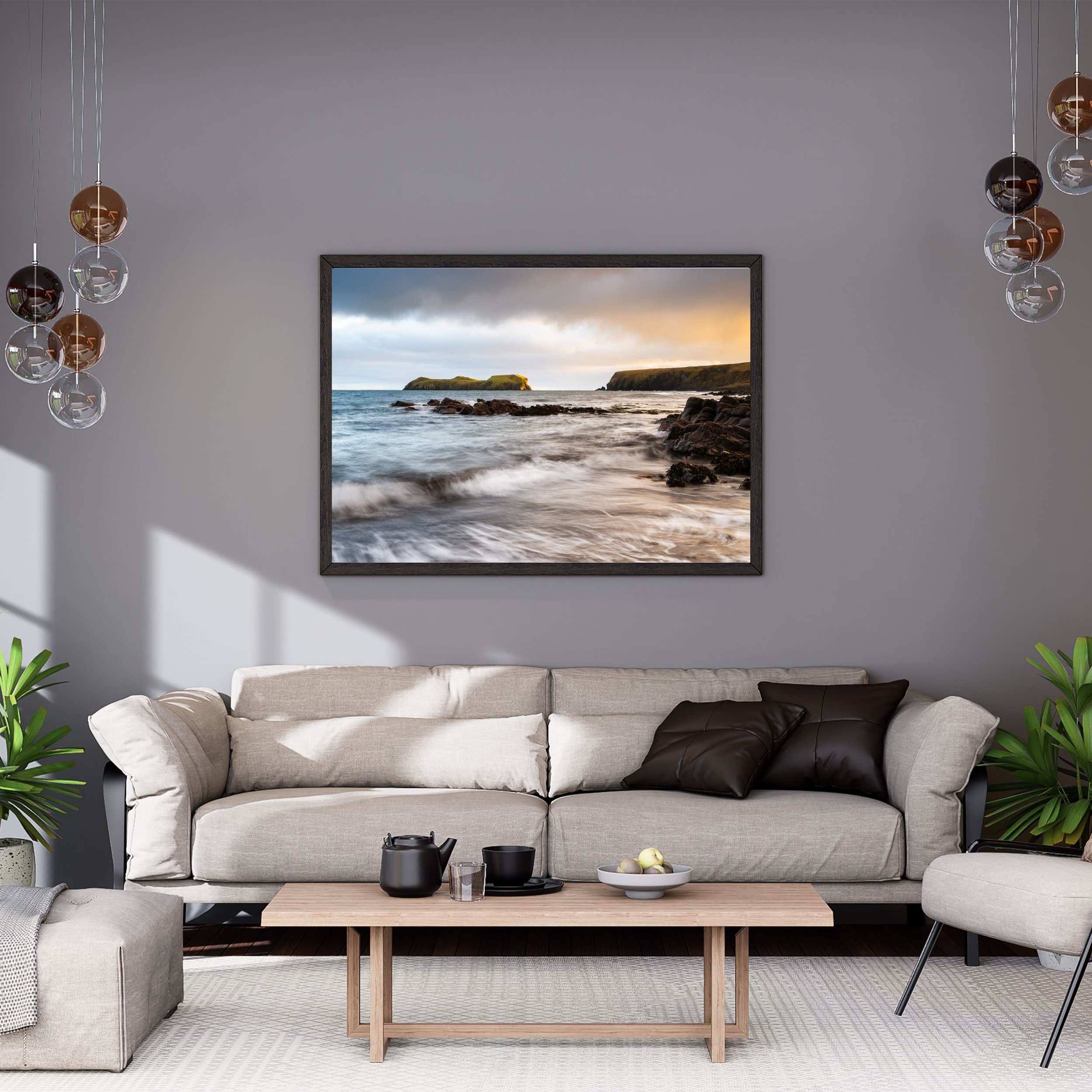 Framed Print of Bayble Beach on the Isle of Lewis at sunset, with soft warm light over the bay.