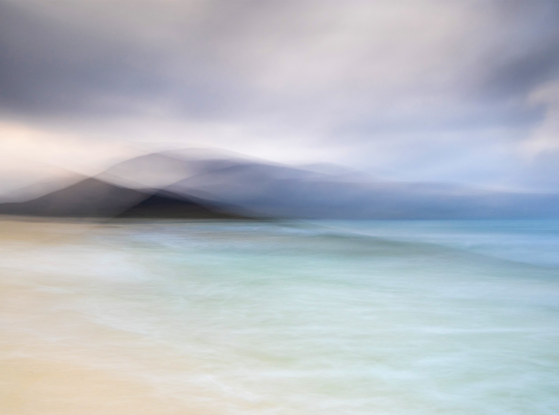Scarista Beach photography print, Isle of Harris, Outer Hebrides — fine‑art coastal landscape showing soft Atlantic light and gentle shoreline motion