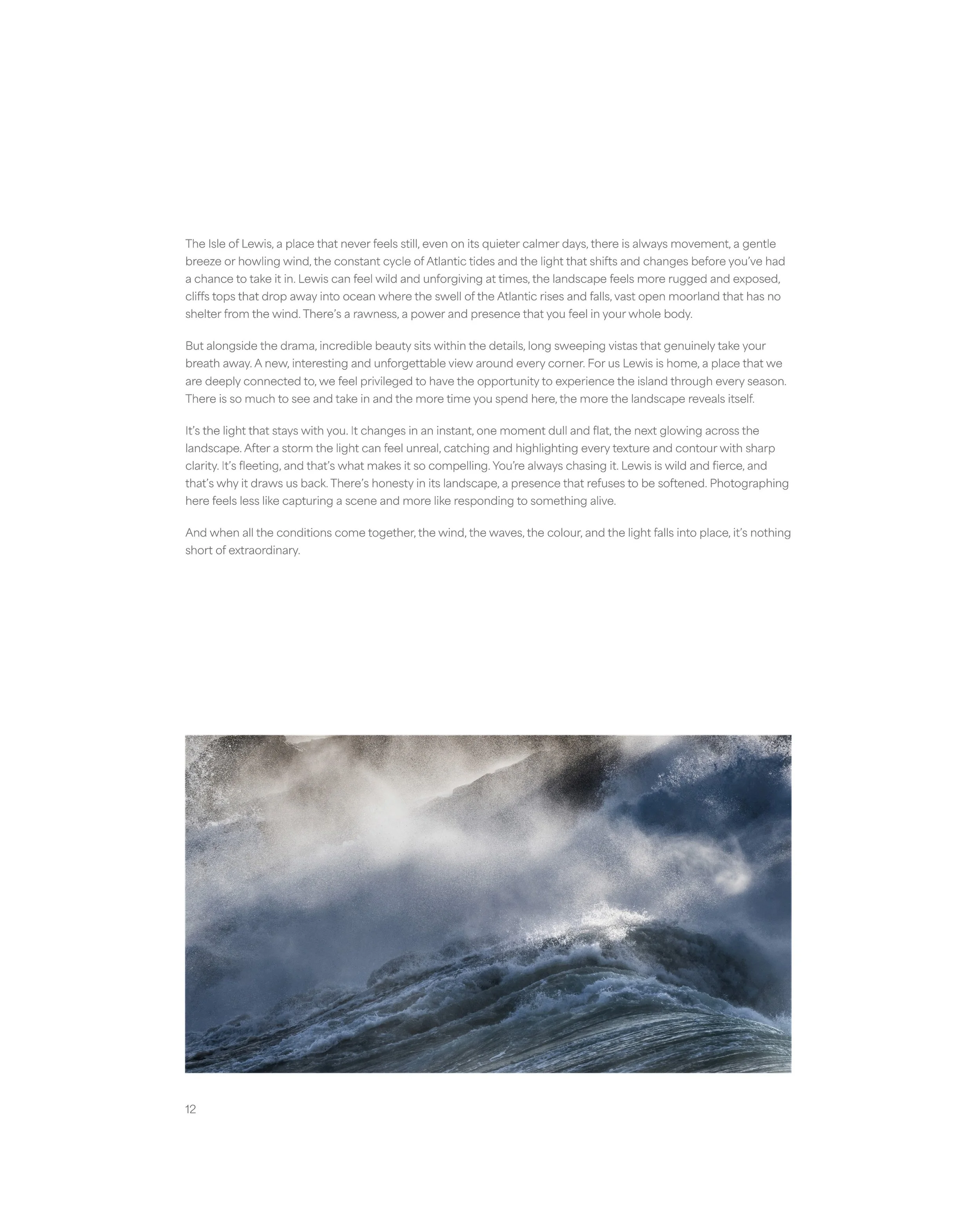 Internal page from the 2026 Harris & Lewis Outer Hebrides photography book showing wild Atlantic seas, part of the Hebridean seascape and Scottish coastal landscape collection.