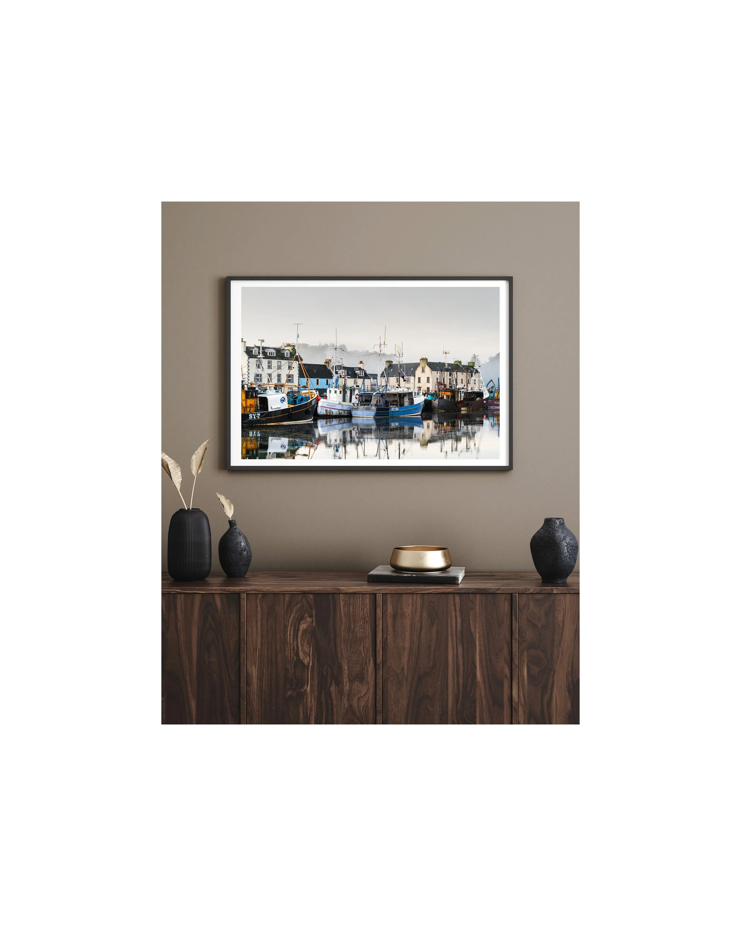 Stornoway Harbour photography print showing fishing boats in calm winter light, framed print on interior wall
