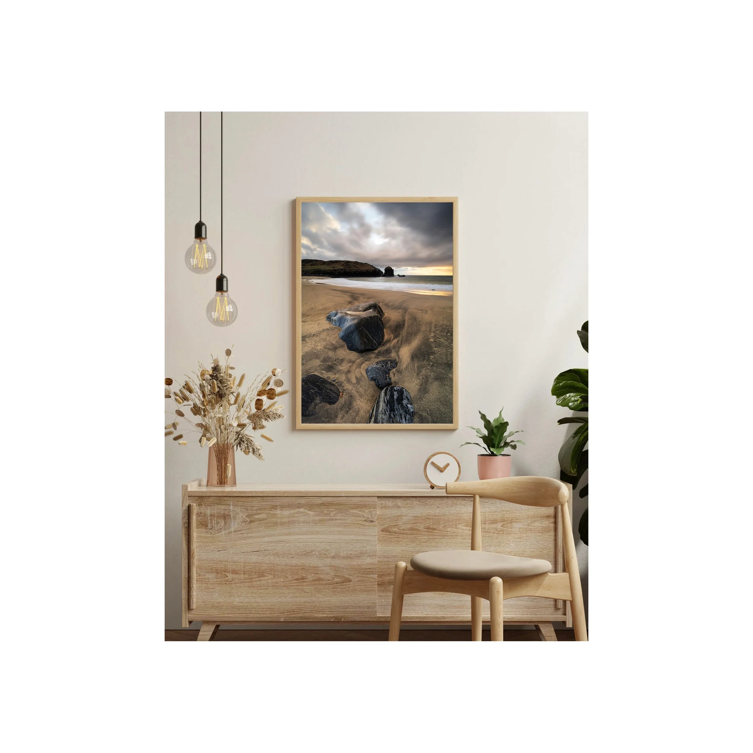 Framed print of a Dalbeg Beach sunset, Isle of Lewis, shown on a wall