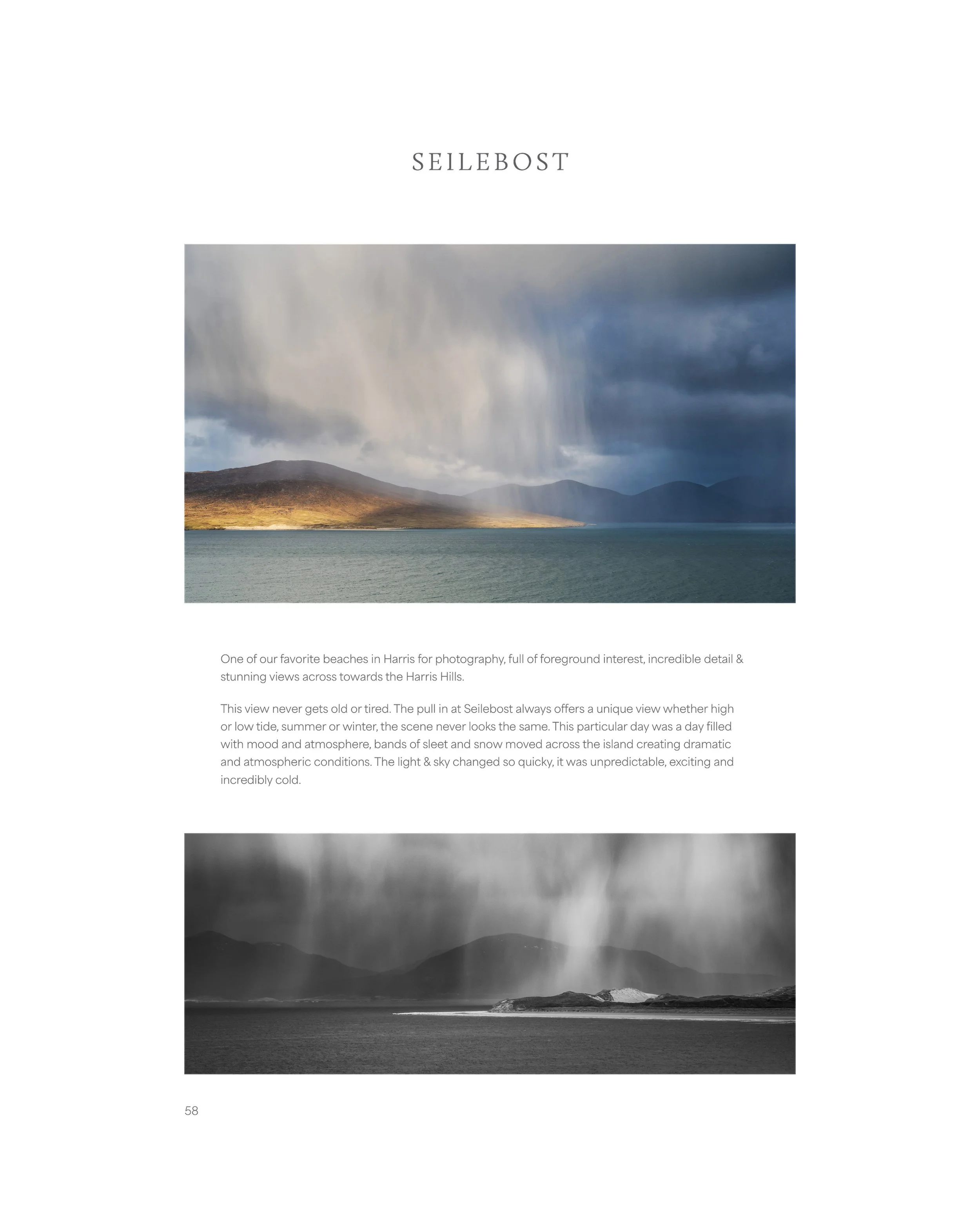 Internal page from the 2026 Harris & Lewis Outer Hebrides photography book showing a seascape from Seilebost on the Isle of Harris, part of the Hebridean and Scottish coastal landscape collection
