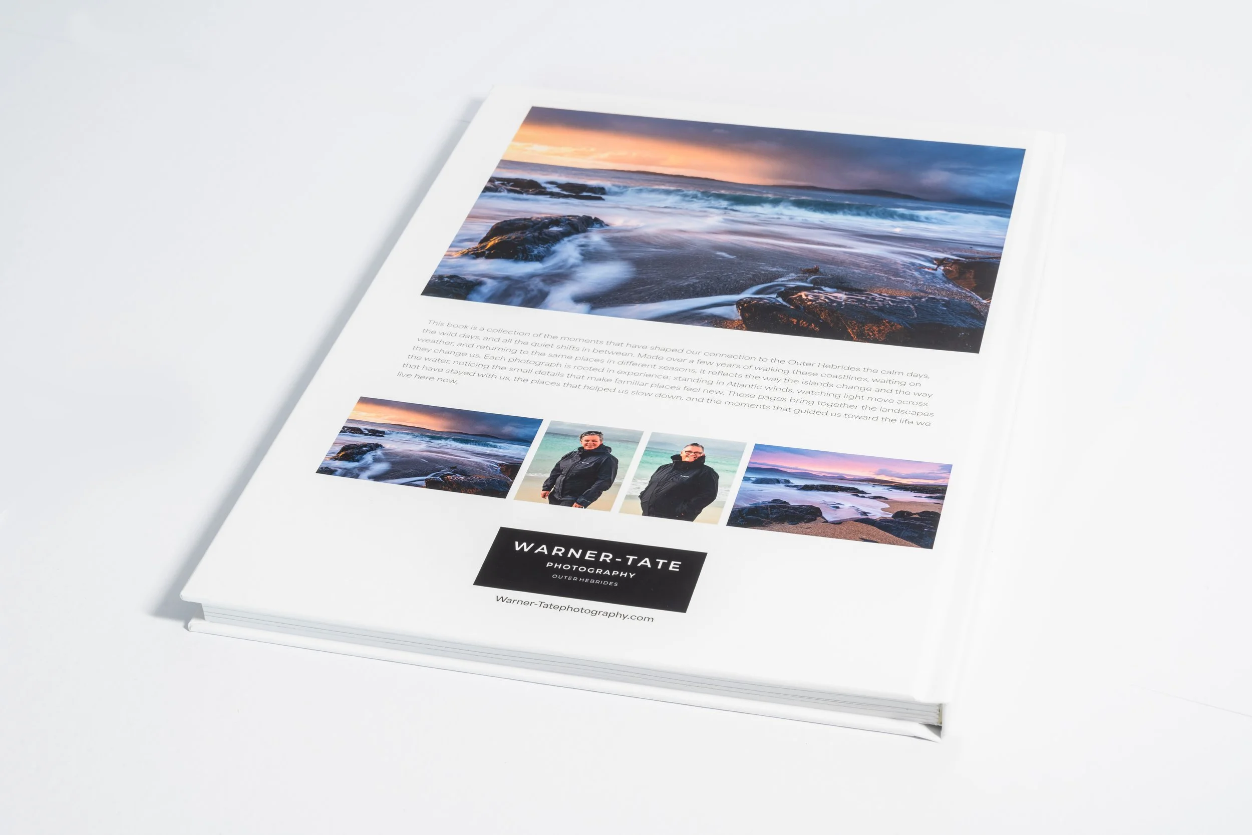 Back cover of the Harris & Lewis photography book featuring Outer Hebrides seascapes by Adele Warner‑Tate