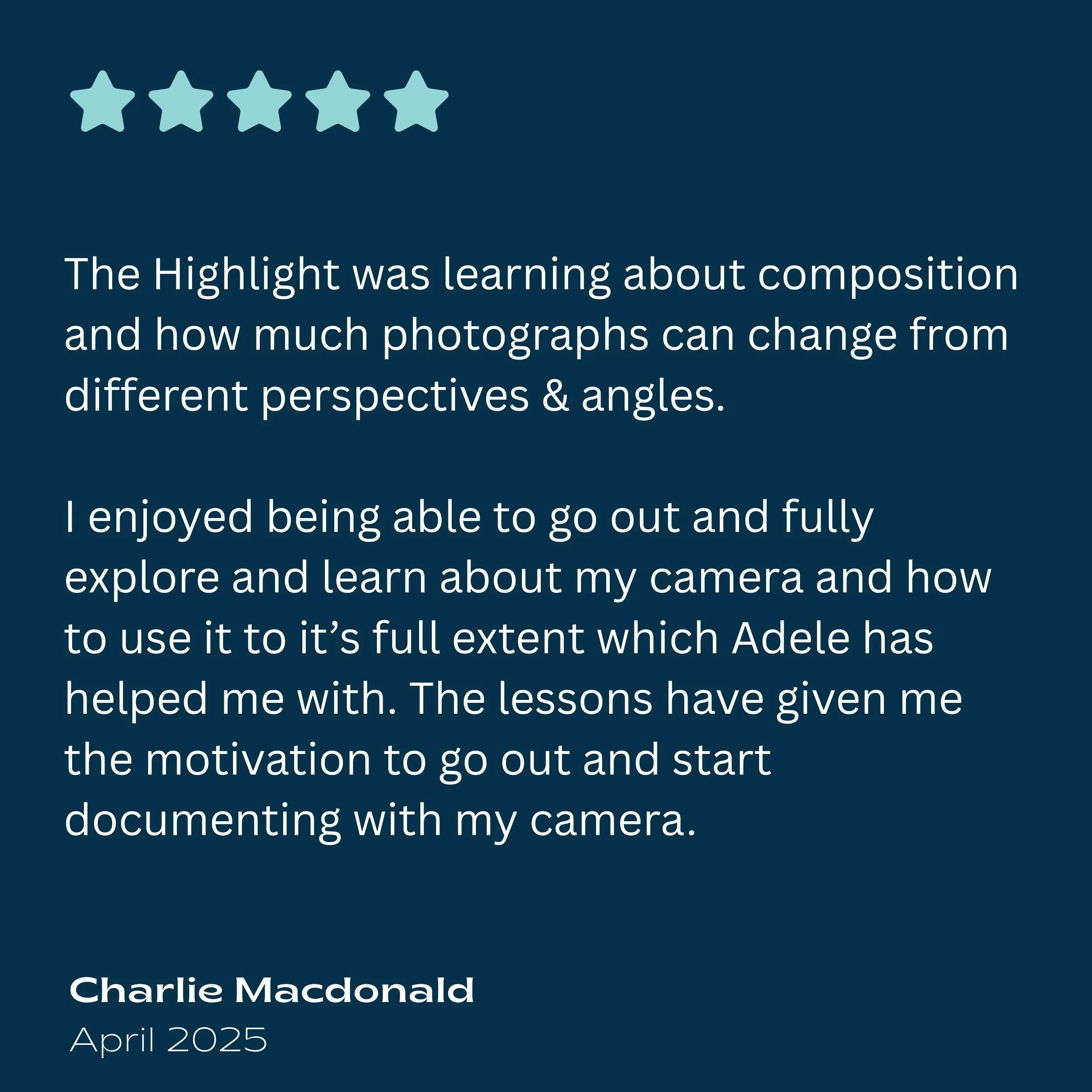 Customer testimonial for Adele’s photography tuition on Lewis and Harris, highlighting improved skills and a great learning experience.