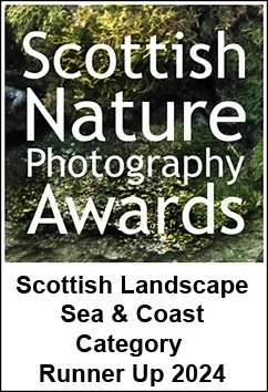 Award plaque titled 'Scottish Nature Photography Awards' with 'Scottish Landscape Sea & Coast Category Runner Up 2024'