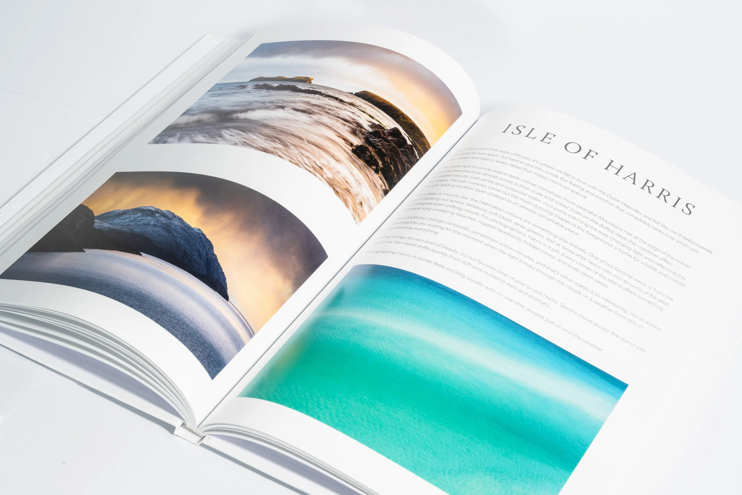 Inner page showing Outer Hebrides coastal scenery from the Harris & Lewis photography book.