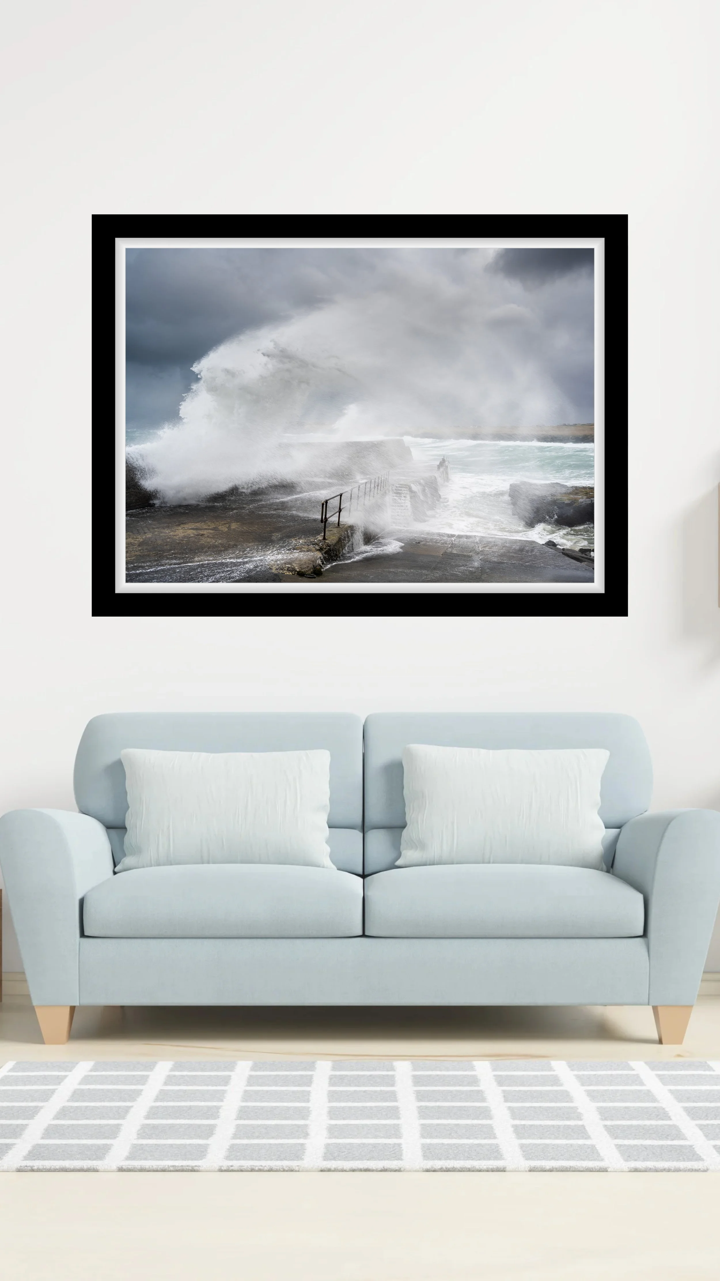Framed fine‑art print of Port of Ness wild Atlantic seas displayed on a wall.