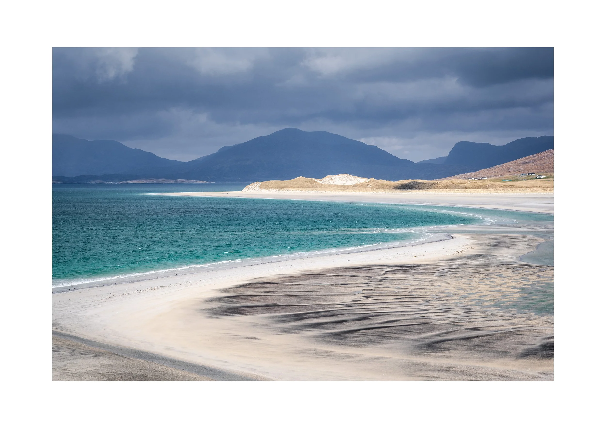 Luskentyre view from Seilebost on Harris, with soft blue Hebridean colours and pale sands stretching across the shoreline.