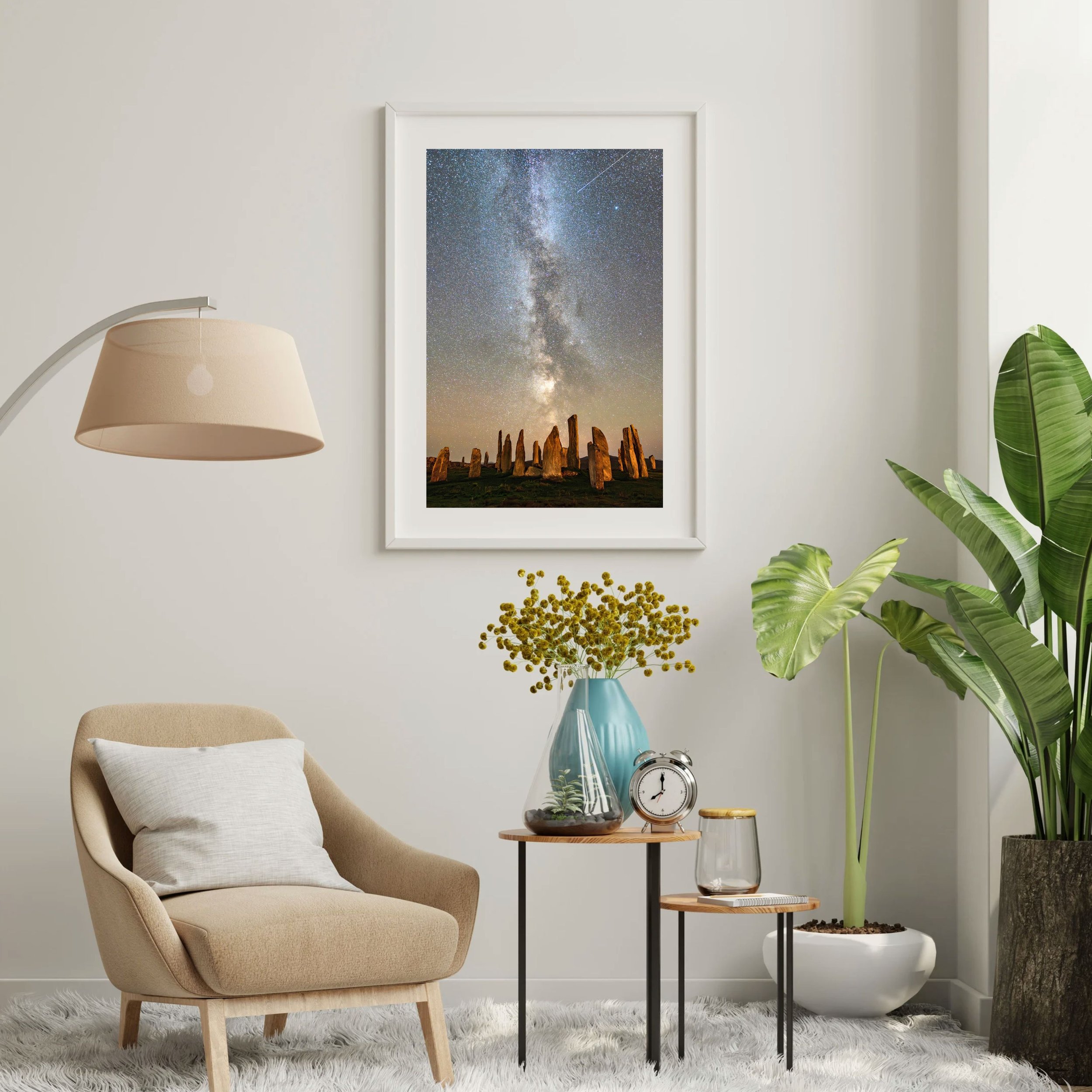 Framed fine‑art print of the Callanish Standing Stones under the Milky Way displayed on a wall.
