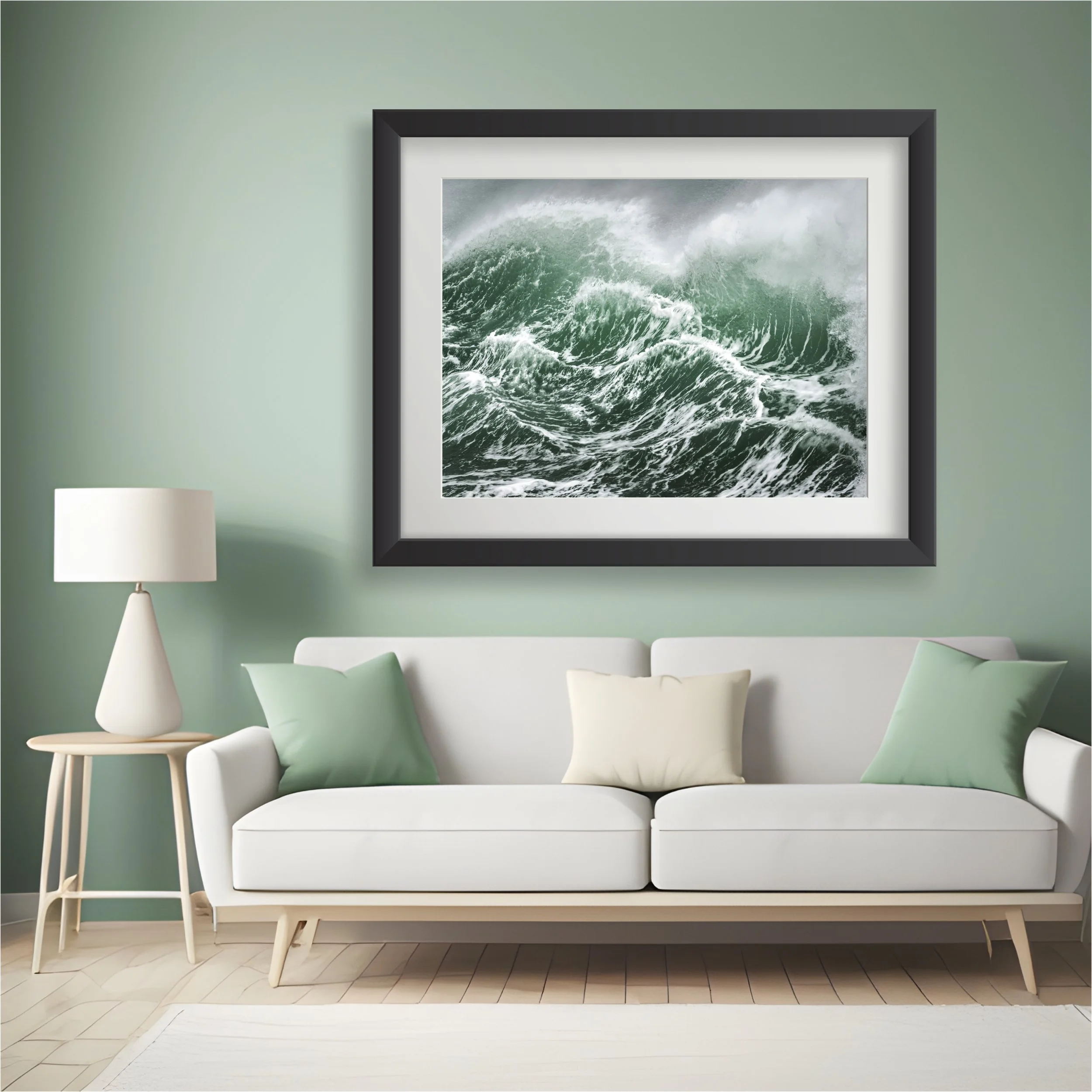 Framed print of “Emerald Fury” displayed on a wall, showing a green Atlantic wave rising and folding on the west coast of the Outer Hebrides