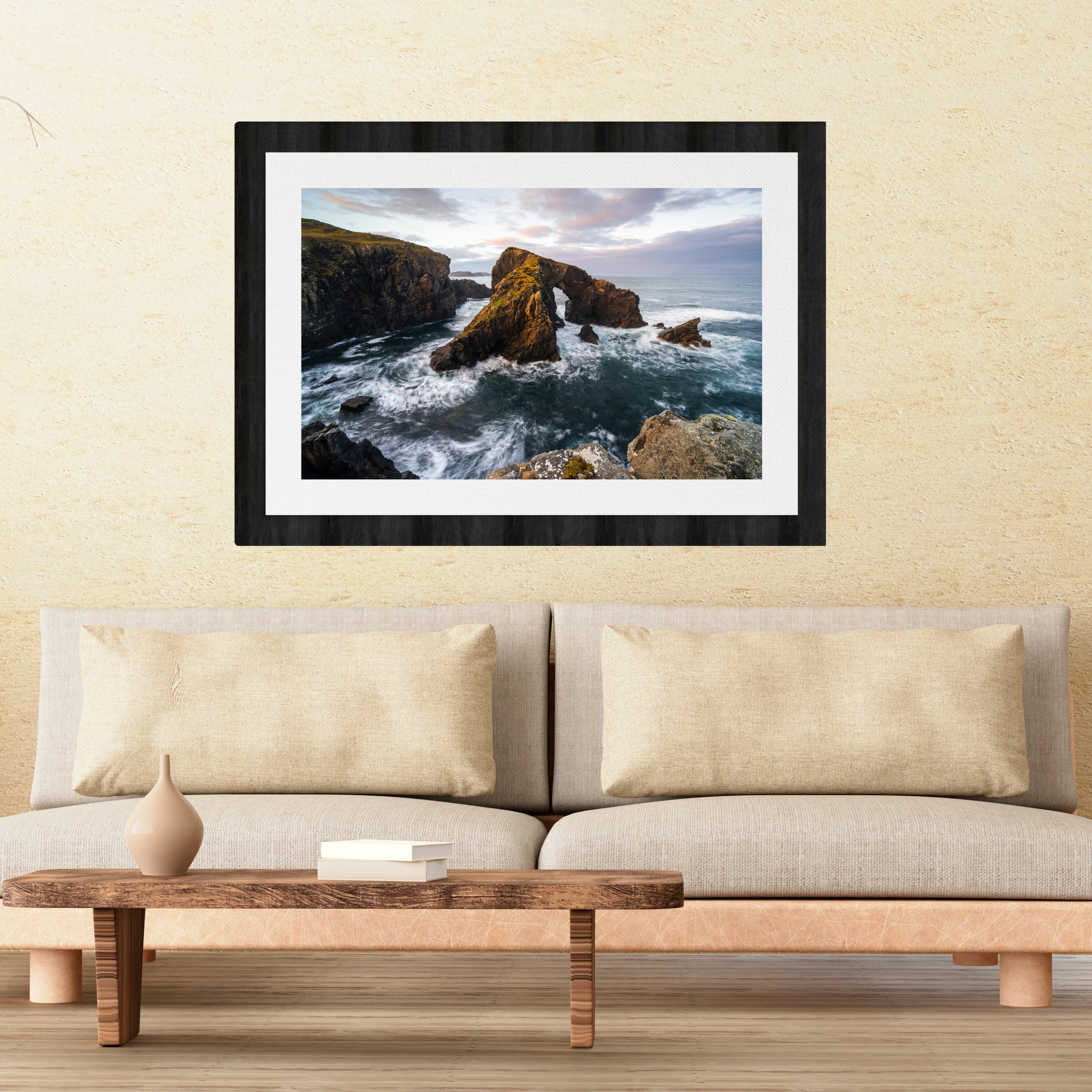 Framed fine‑art print of Stac a’ Phrìs displayed on a wall.