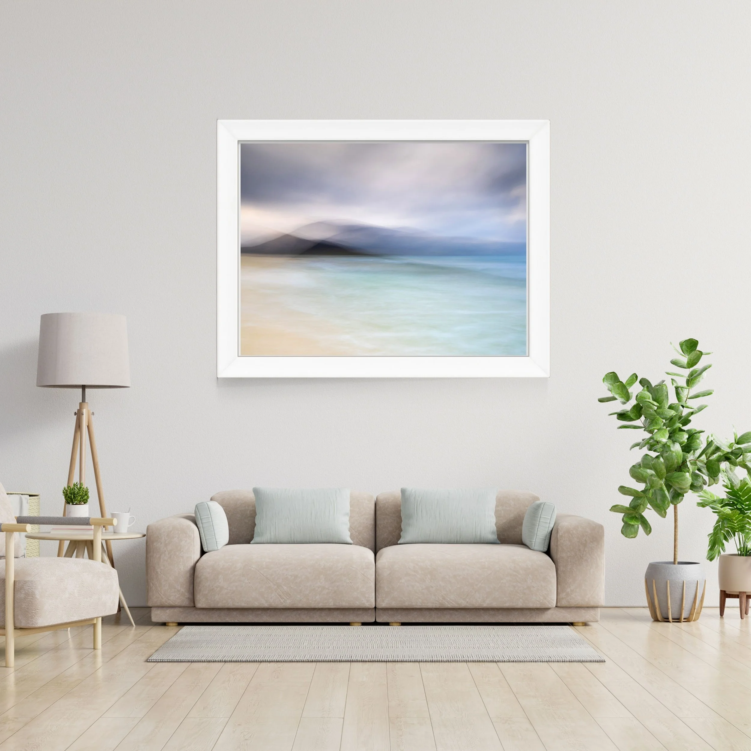 Framed ICM seascape print showing soft Atlantic tones from Scarista Beach, Isle of Harris.