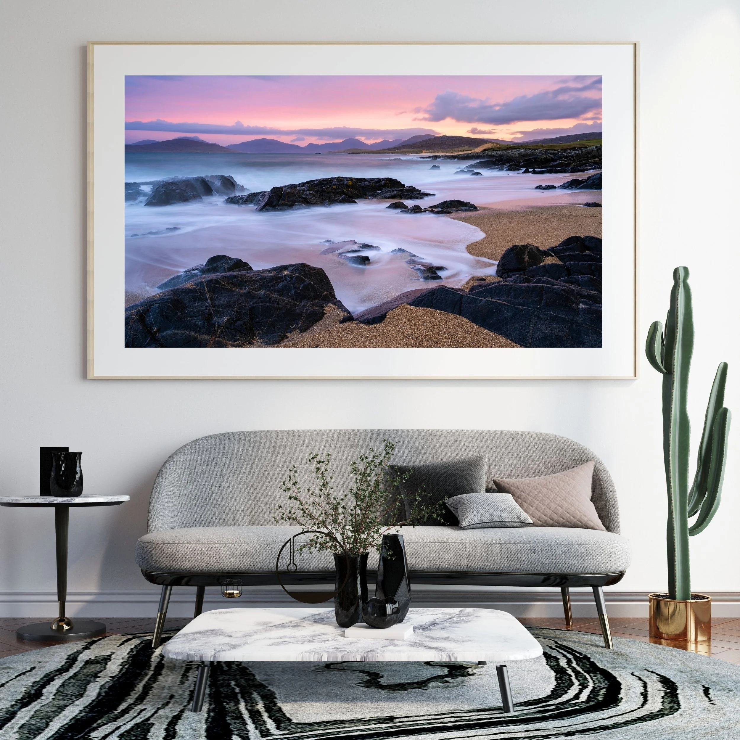 Framed Fine‑art print of Small Beach on the Isle of Harris, showing a pink winter sunrise and long‑exposure water on the shoreline