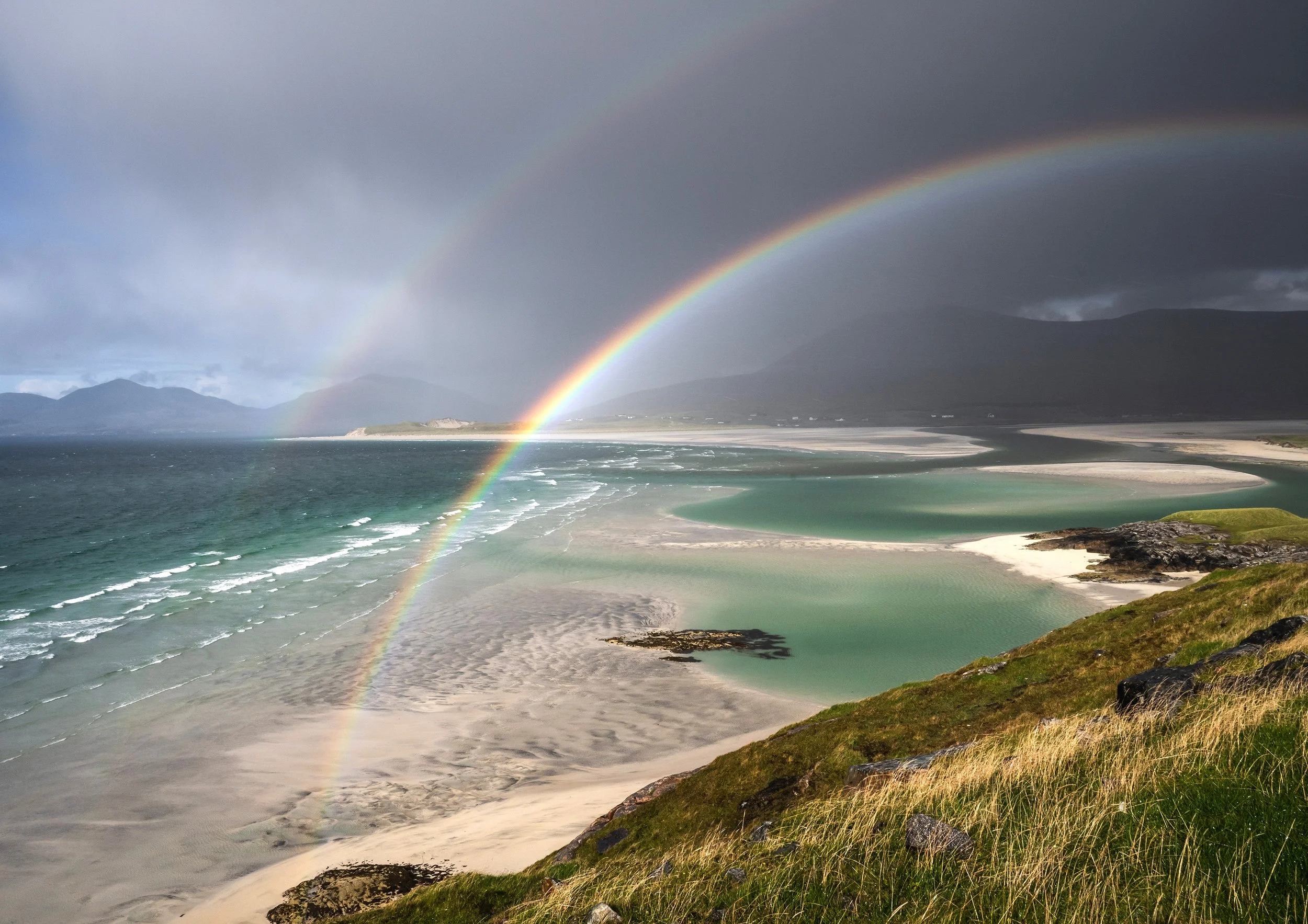 Isle of harris, seilebost outer hebrides with a double rainbow over the atlantic ocean 
