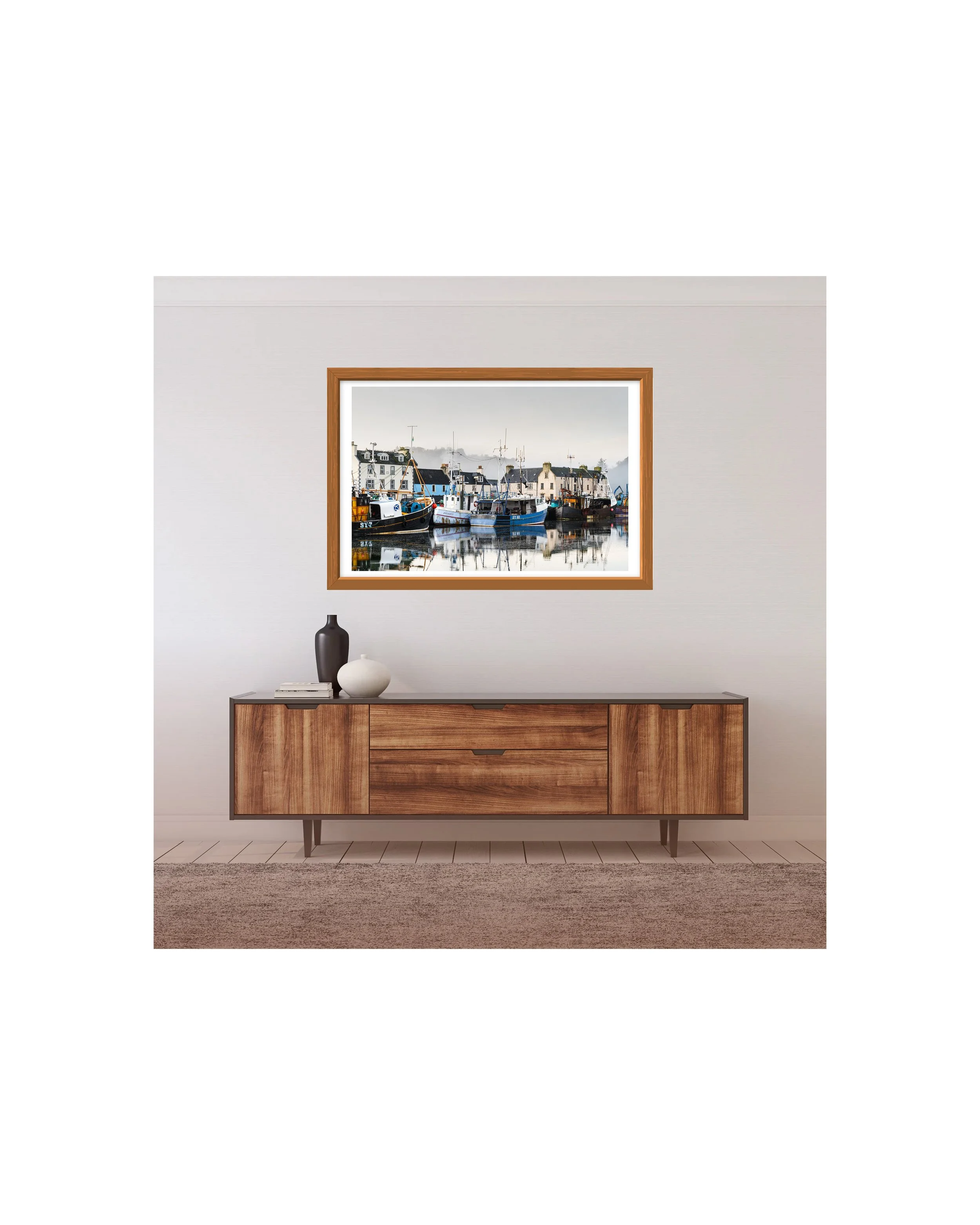 Stornoway Harbour photography print displayed on interior wall in a brown frame.