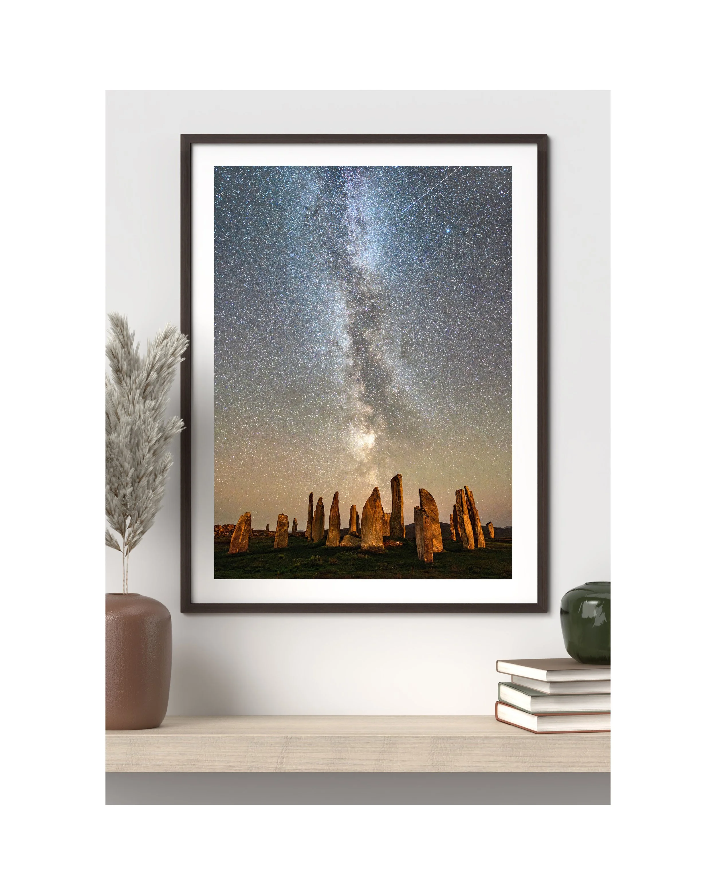 Framed fine‑art print showing the Callanish Standing Stones beneath the Milky Way on the Isle of Lewis, Outer Hebrides.