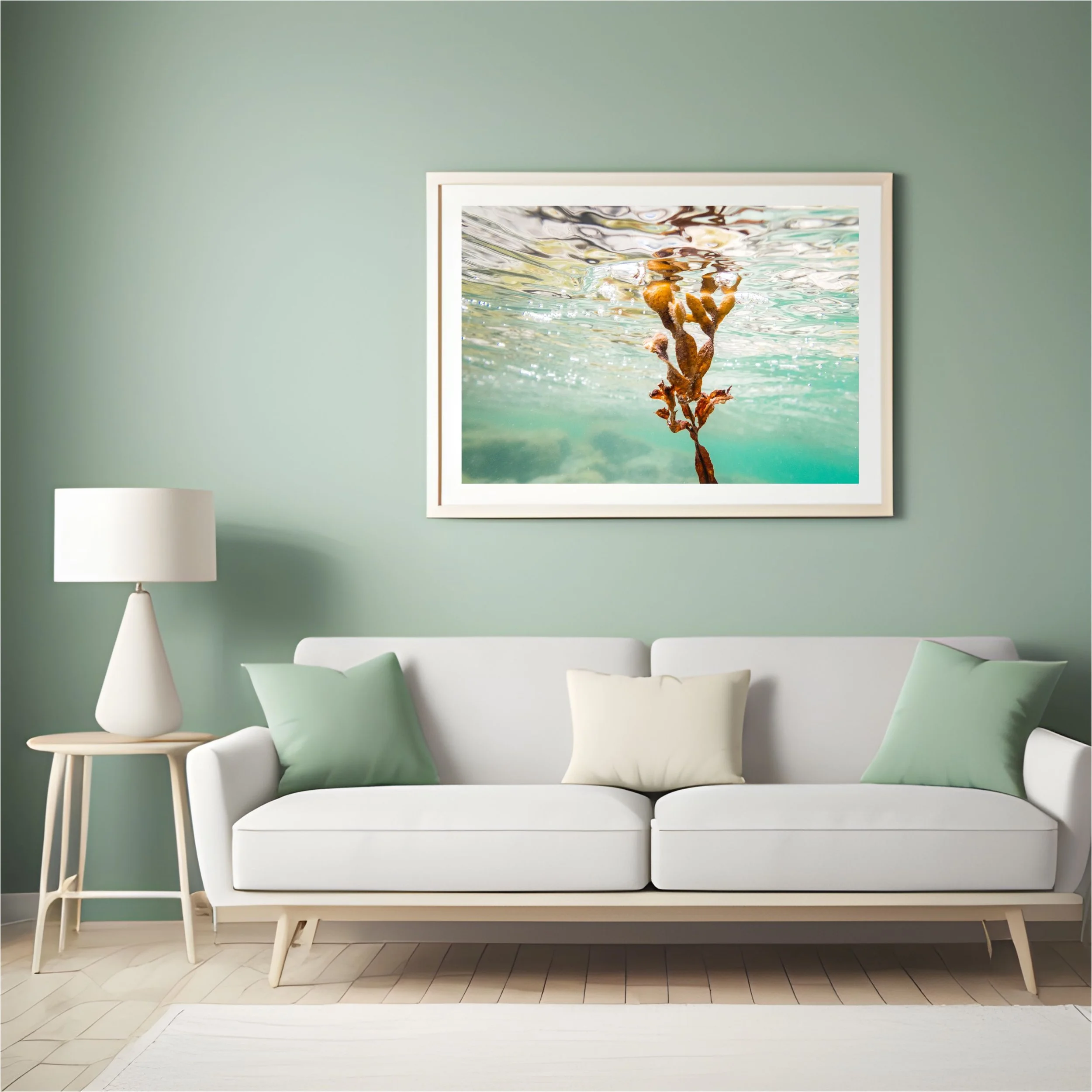 Framed print of underwater seaweed from the Isle of Harris, displayed on a wall.
