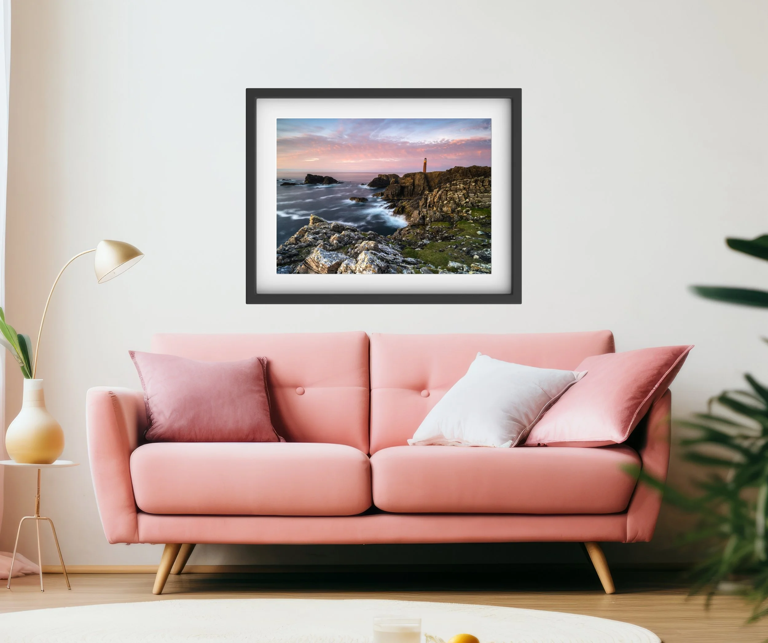 Framed fine‑art print of the Butt of Lewis lighthouse displayed on a wall.