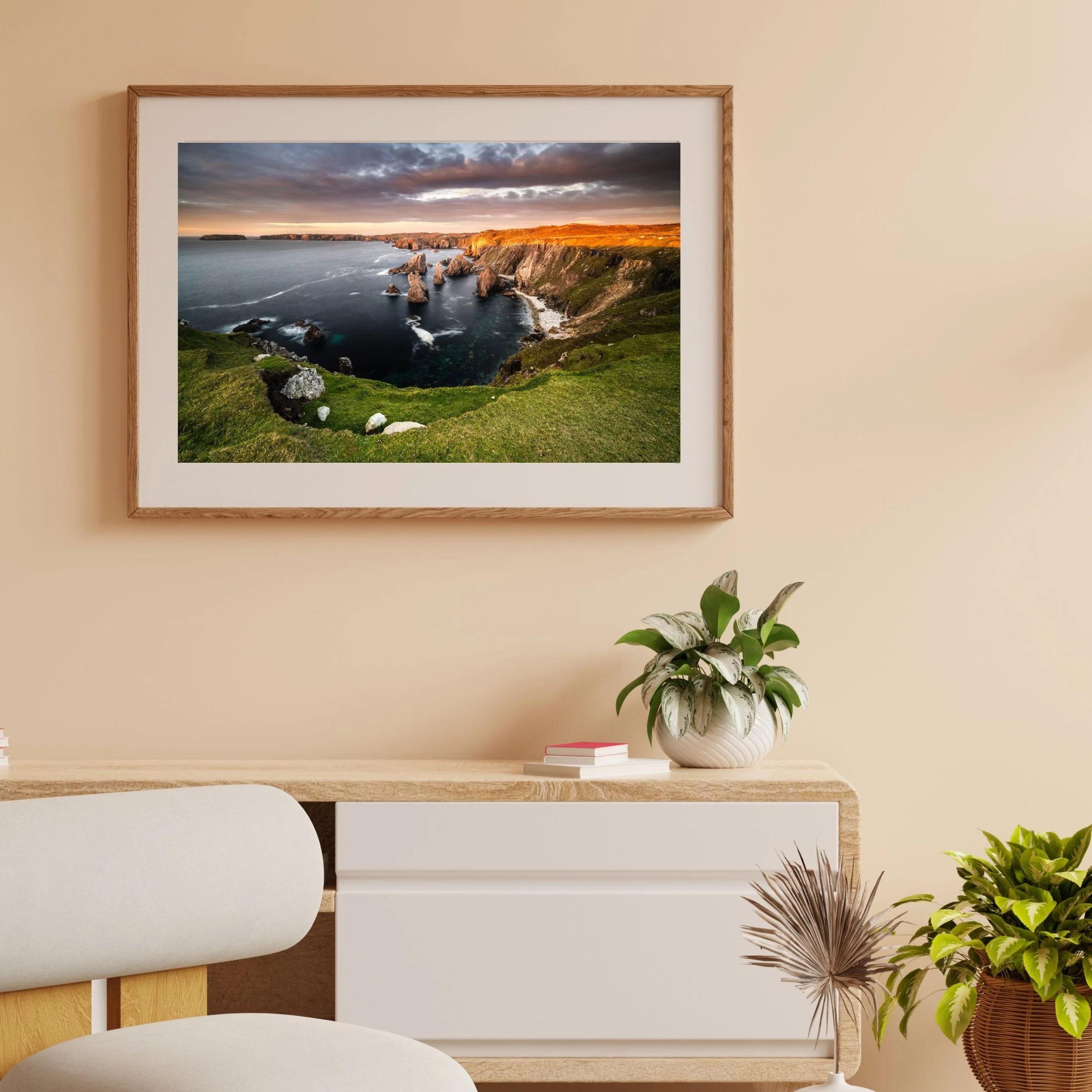 Framed wall art Mangersta Sea Stacks on the Isle of Lewis, with warm light on the Atlantic cliffs.
