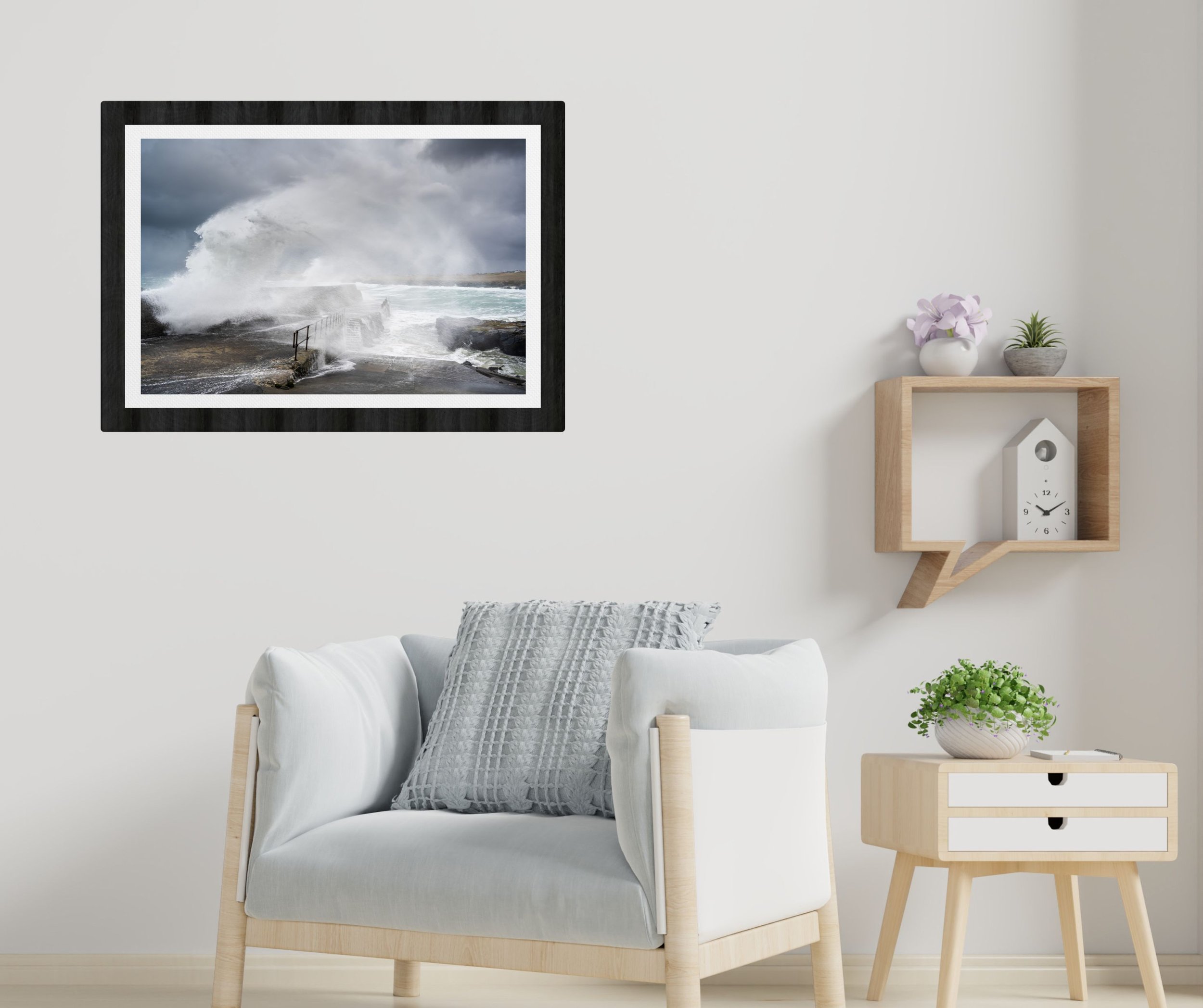 Interior mockup showing the Port of Ness wild Atlantic print in a frame.