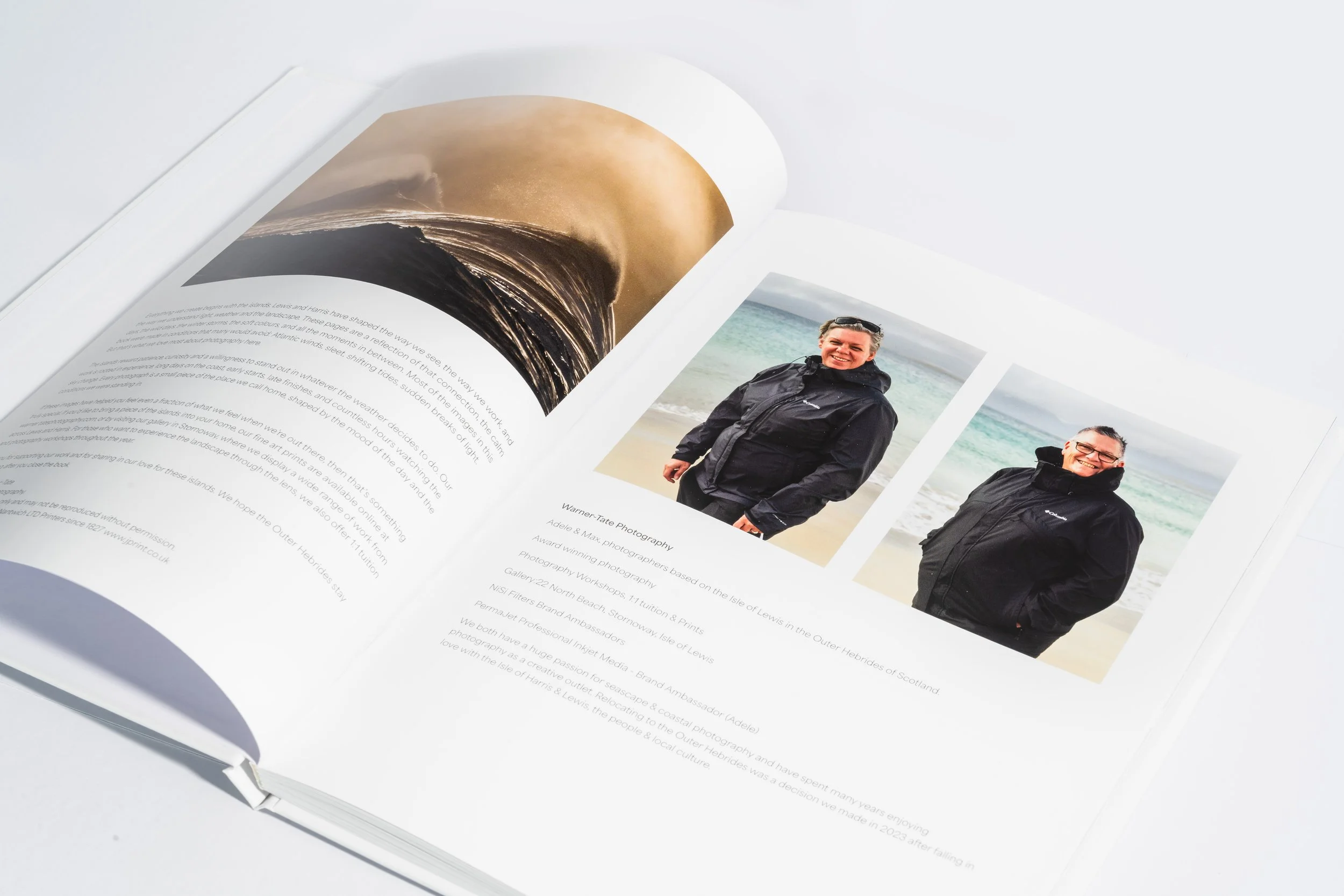 Inner page from the Harris & Lewis photography book featuring Outer Hebrides seascapes and landscapes.