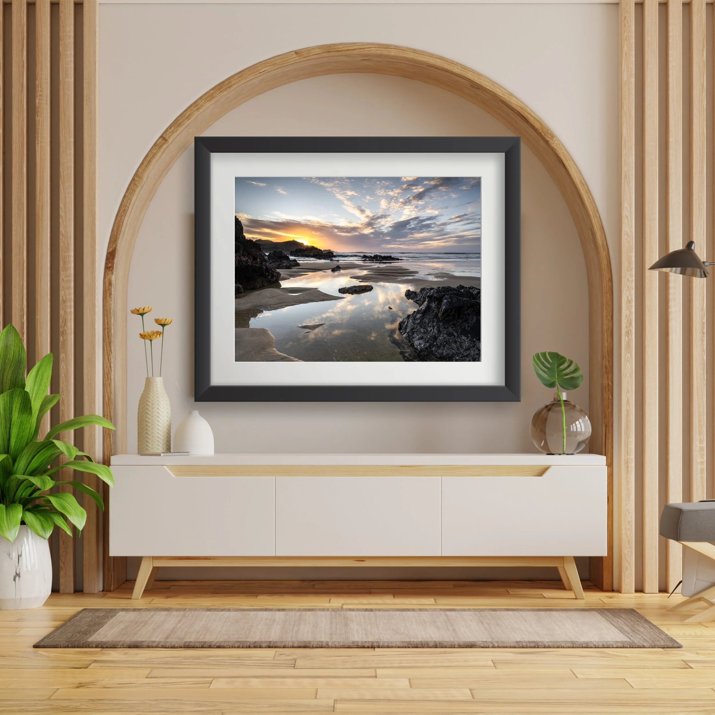 Framed fine‑art print of Mangersta Beach displayed on a wall.
