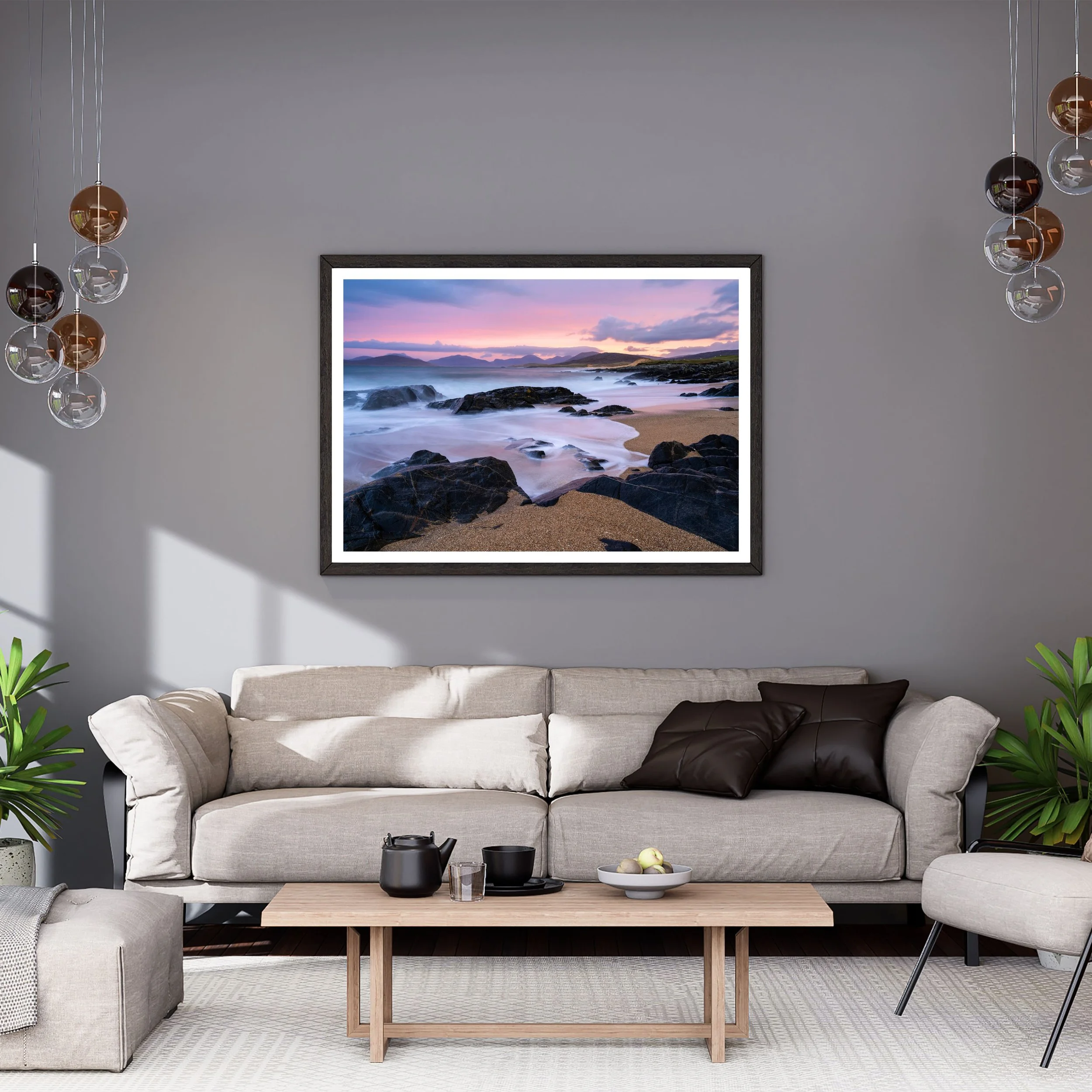 Framed print of Small Beach on the Isle of Harris, showing a pink winter sunrise and long‑exposure water, displayed on a wall.