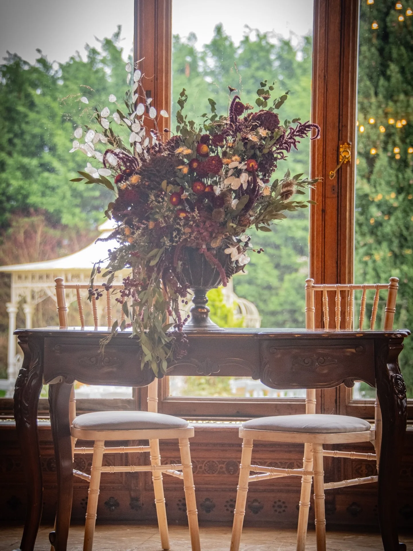 A real showstopper for the wedding ceremony! All dried flowers and berries apart from one little trail of fresh hawthorns I just couldn&rsquo;t not add! It&rsquo;s so tricky to get a picture against the bright window. Must remember to photograph thes