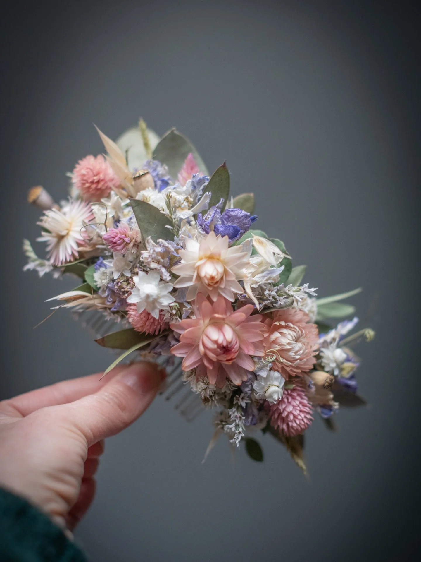 A pair of pastel pieces- a larger hair comb and  buttonhole. Sometimes I make all the flowers for a wedding, but often also just the accessories - hair pieces, buttonholes, corsages- to complement fresh bouquets. It&rsquo;s a combination that certain