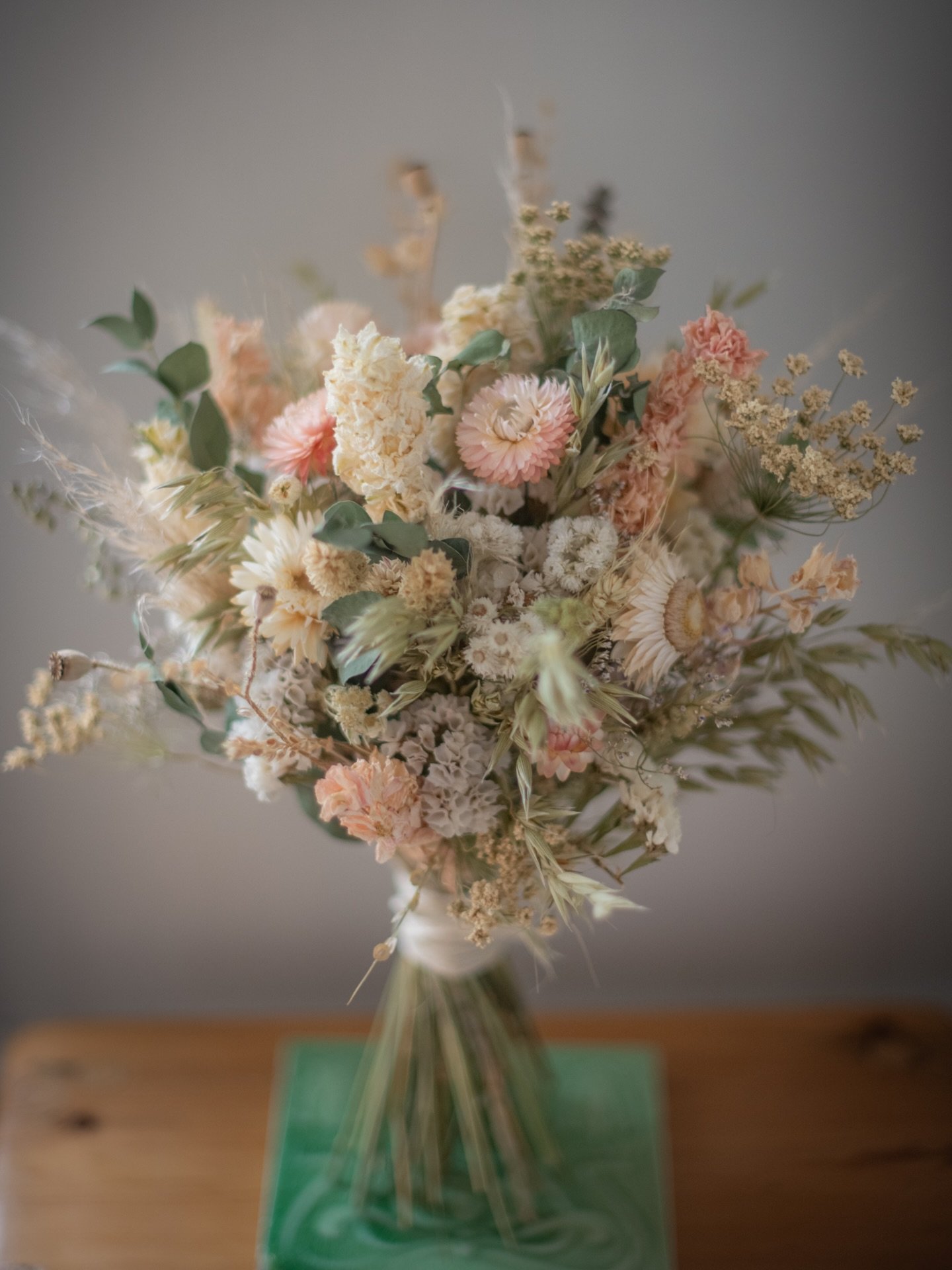 Dried flower bouquets in the softest of pinks, greens and ivory for Mel &amp; Aimee getting married on this beautiful, sunny day! 
.
.
.
Dried flower bridal bouquets in sage green, blush pink and ivory | bespoke dried wedding flowers, all UK grown
.
