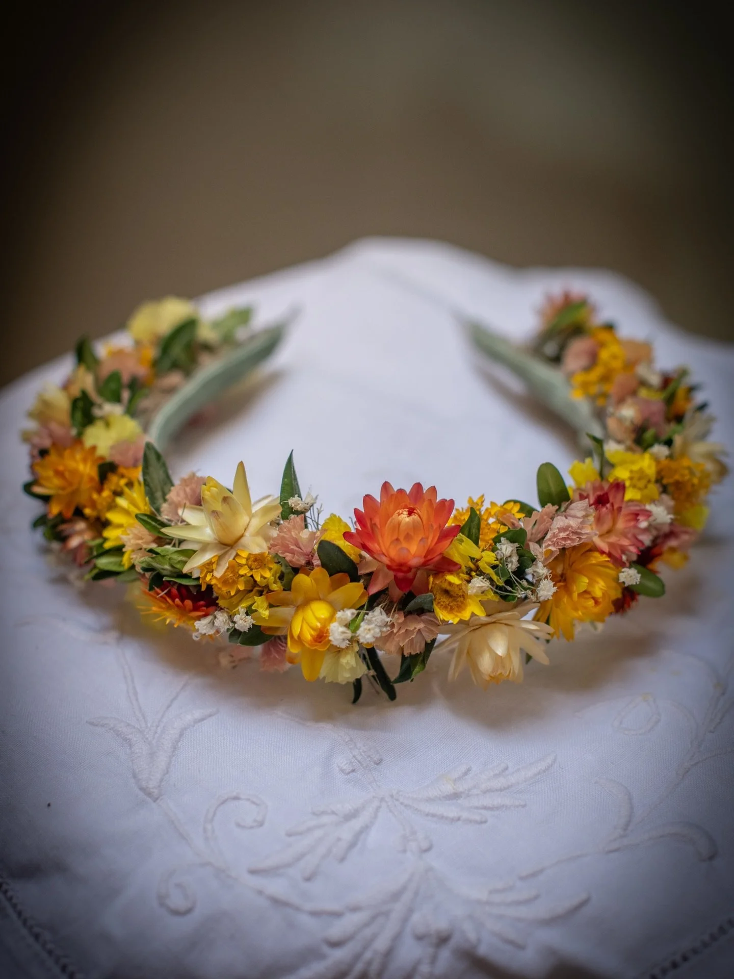 I made this headband last week for a bride who is getting married in Greece in the coming months. Her colour palette was picked to reflect the olive and citrus there, and we went for all shades of yellow and orange in the headband to create a &lsquo;