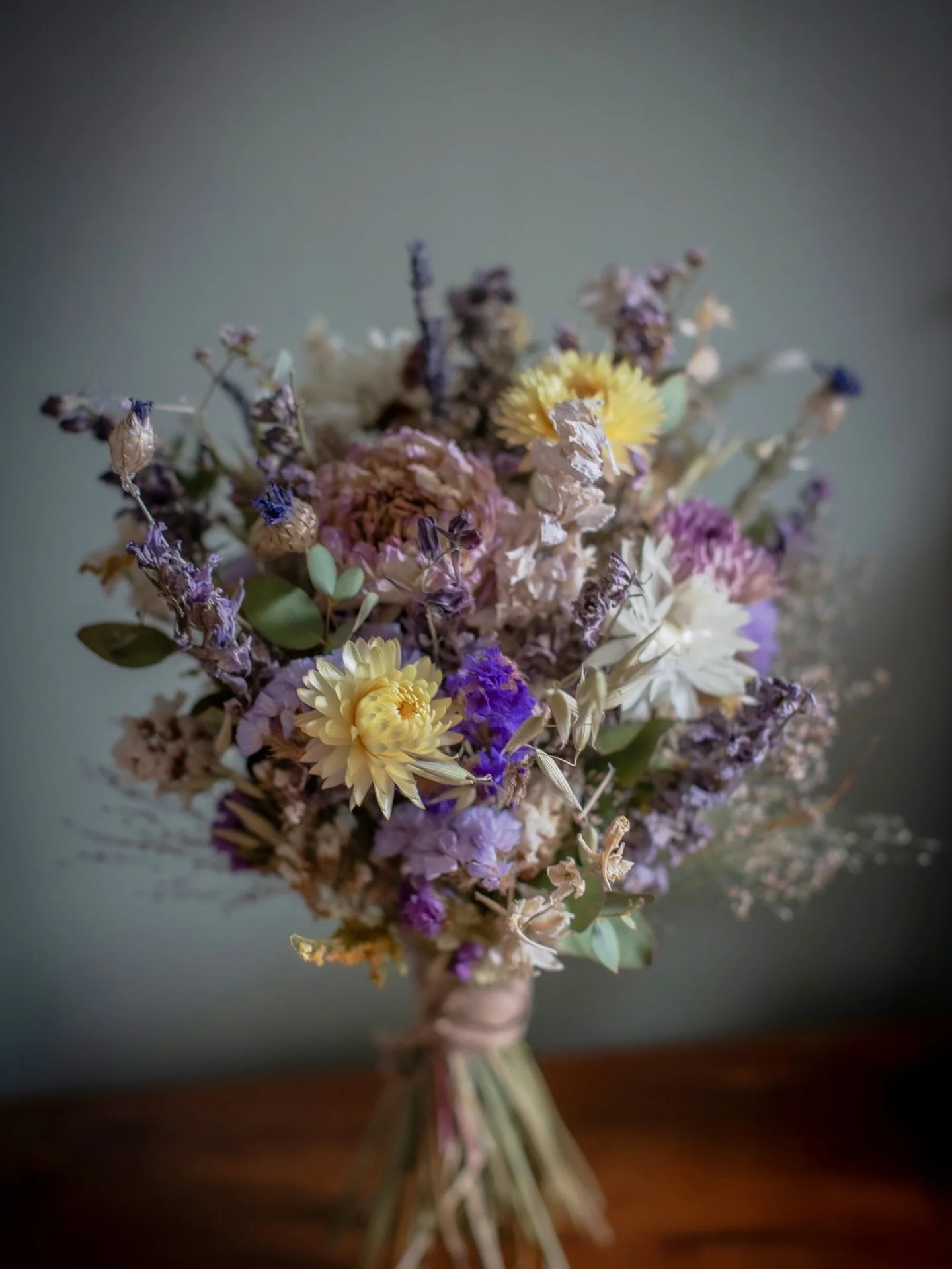 Sarah&rsquo;s bouquet, and buttonholes for the groom &amp; groomsmen. A beautiful mix of purples shades lifted with soft yellows 💐. Congratulations Sarah and James 💜
.
.
.
.
Dried flower bridal bouquet | sustainable wedding flowers |bespoke dried w