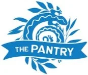 Logo of The Pantry featuring a stylized blue rose with a banner reading 'The Pantry'.