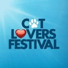 Logo for a cat lovers festival featuring text with a paw print and a heart