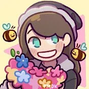 PearlescentMoon youtube logo Cartoon character wearing headphones with purple and brown hair, smiling with a wide grin, surrounded by bees and colorful flowers, in a playful style.