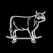 Rolling Cow Youtube Channel Logo A white outline of a buffalo standing on a skateboard, set against a black background.