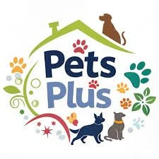 Logo for Pets Plus featuring a house outline with a dog silhouette on top, two cats, paw prints, and floral elements.