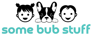 Cartoon illustrations of two girls and a dog, with the text 'some bub stuff' written below.