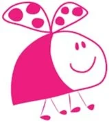 A pink cartoon ladybug with a smiling face, antennae, and wings.