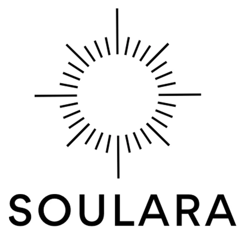 A circular, abstract design resembling a clock or sun with the word 'SOULARA' written below it.