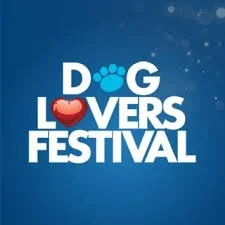Logo for Dog Lovers Festival with blue background and white text, featuring a paw print and a heart symbol
