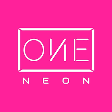 Logo NEON sign with the word 'ONE' stylized inside a rectangular outline on a bright pink background