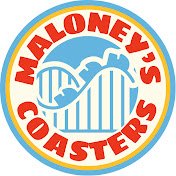 Youtube Logo of Maloney's Coasters, featuring a roller coaster inside a circular badge with red, blue, and yellow colors.