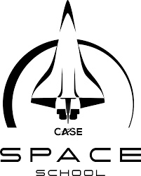 A black and white logo for Case Space School featuring a rocket and circular design.