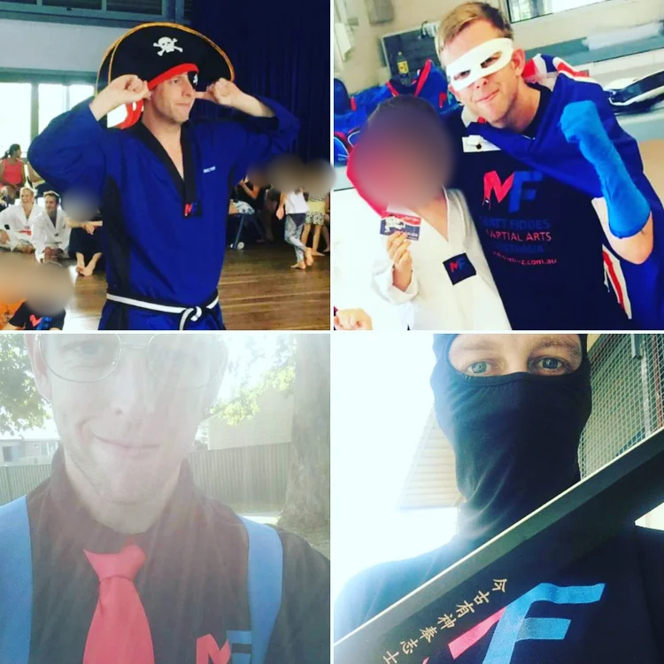 A collage of four photos featuring adults and children dressed in martial arts uniforms and gear, including a man wearing a pirate hat, another with a mask, and a person with a face shield, in a martial arts training or competition setting. Children’