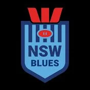 NSW Blues youtube logo with a red W, a blue shield, and a pig face in the center.