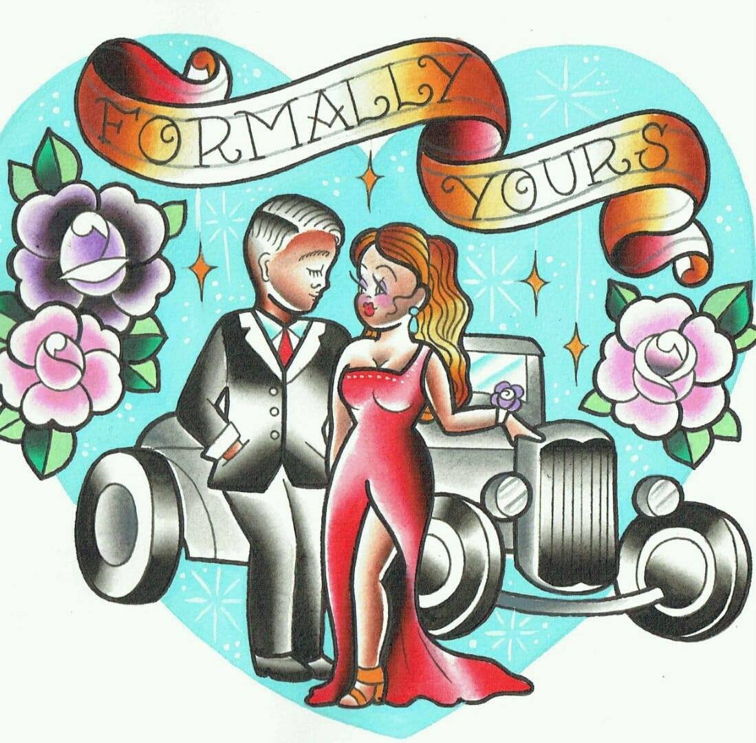 A tattoo-style illustration of a couple in wedding attire standing in front of a vintage car, surrounded by flowers and a banner that says 'HORMALY YOURS'.