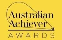 Logo for the Australian Achiever Awards with black text on a yellow background.