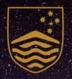 A crest featuring a starry sky, three golden stars, a golden sun, and wavy horizontal lines within a shield shape.