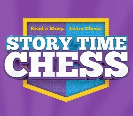 Cover of a children's book titled 'Story Time Chess' with a purple background, yellow border, and additional text 'Read a Story' in yellow and 'Learn Chess' in blue.